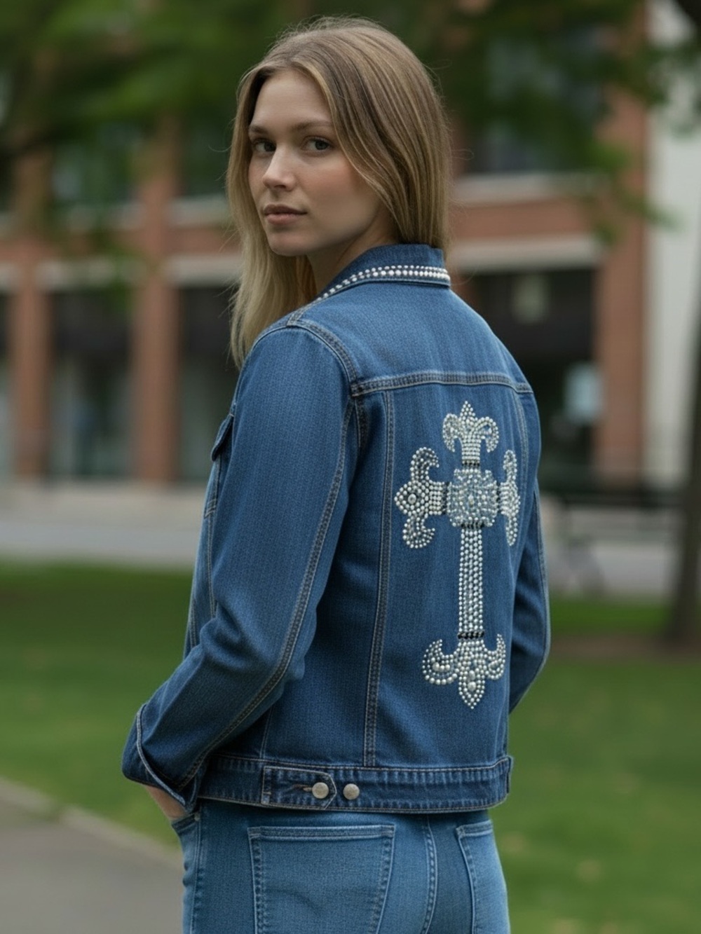 Christine Alexander L- Embellished Cross Denim Jacket - Blue